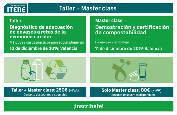 Taller Diagnóstico de adecuación de envases a retos de la economía circular y Master class: demostración y certificación de compostabilidad de envase y embalaje. 10 y 11 de diciembre en ITENE.