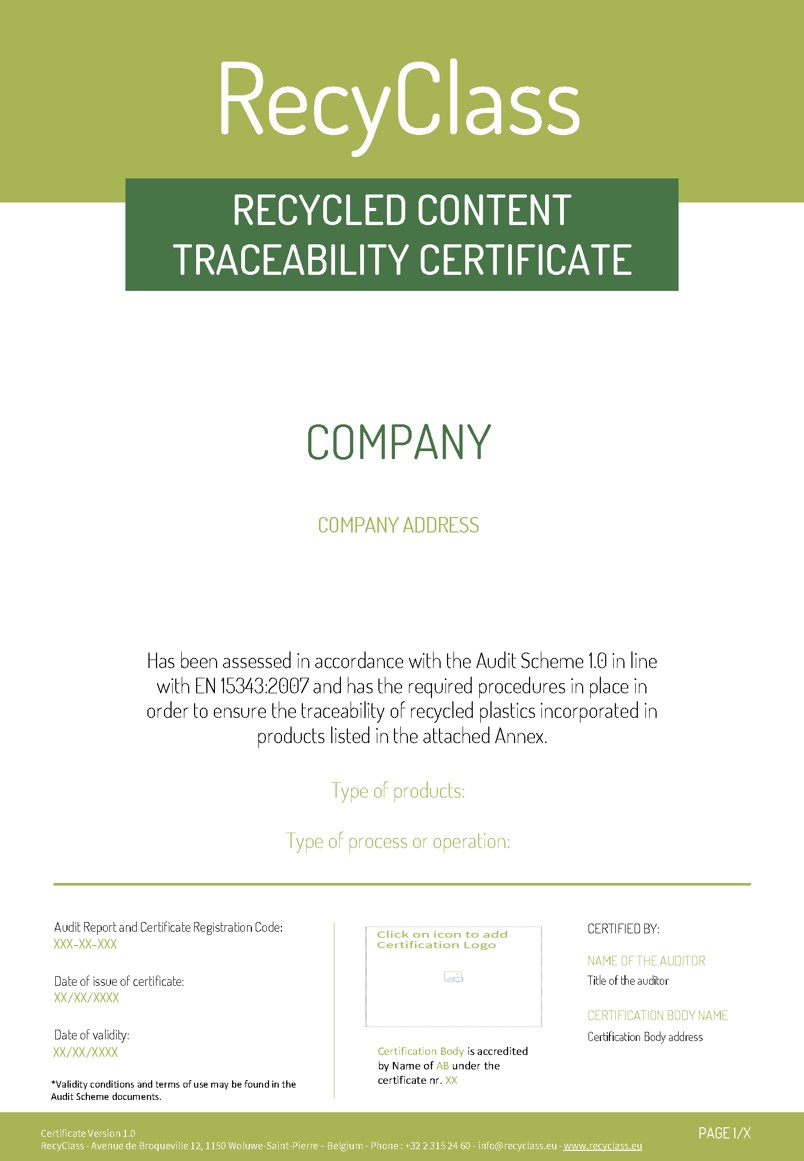 Certificación RECYCLASS sobre contenido reciclado