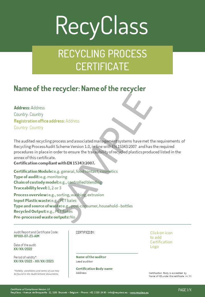 RecyClass-Recycling process certificate